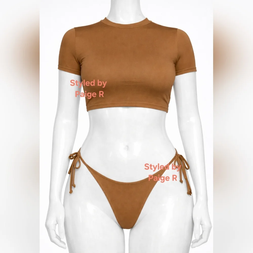❤️NWT SKIMS 2 Piece Swim T Shirt Top Dippy tie String Bikini Set Nude ALMOND 3X